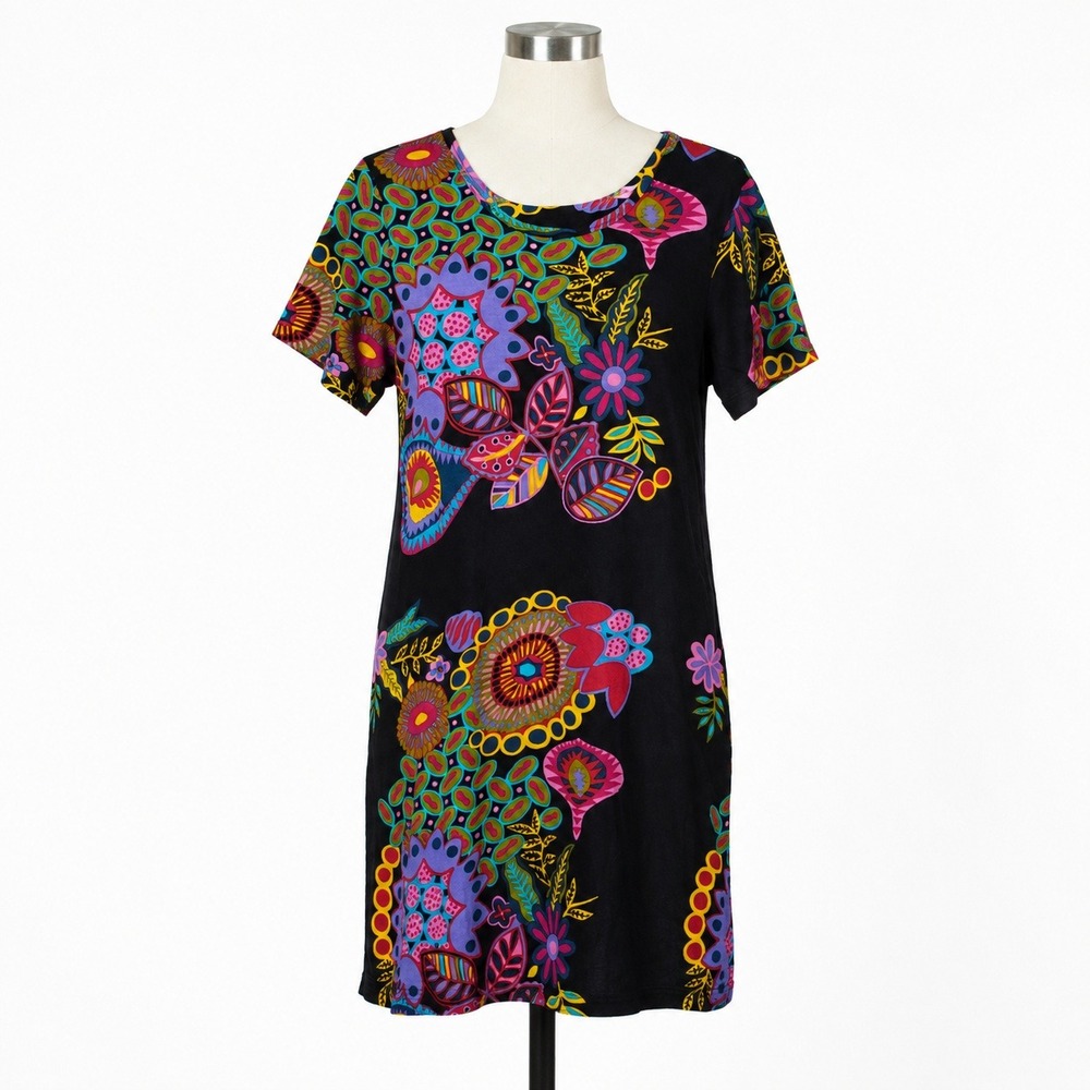 LA CERA Dress Womens Small Black Multicolor Floral Boho Cotton Shift T Shirt